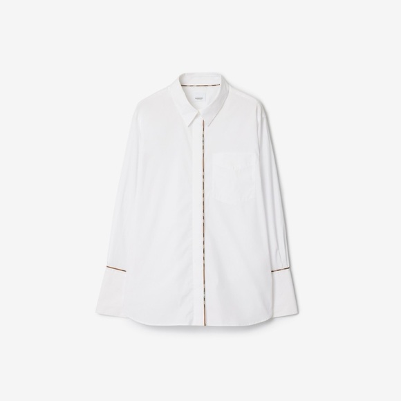 Burberry Shirt Women’s Cotton Check Trim Stretch Oversized Optic White Size 2US - Picture 1 of 14